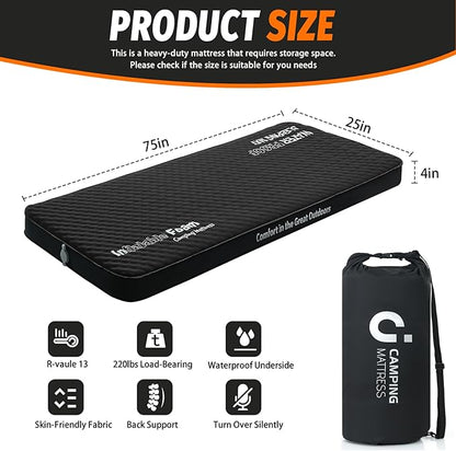 Self Inflating Sleeping Pad, 4in Ultra-Thick Foam Camping Mattress with Air Pump Sack Small Single Size, Sleeping Mats for Adults Inflatable Camping Pad, Single Bed, Travel, Car, Tent, Home, Black7
