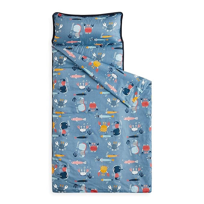 Wake In Cloud - Toddler Nap Mat with Pillow and Blanket, 100% Cotton Fabric, for Kids Boys Girls in Daycare Kindergarten Preschool, Roll Up Sleeping Bag, Blue Sea World, Extra Long