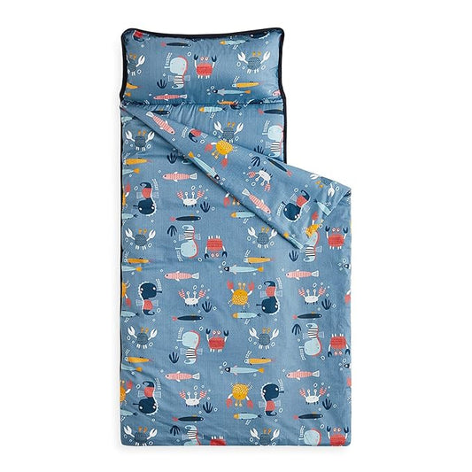 Wake In Cloud - Toddler Nap Mat with Pillow and Blanket, 100% Cotton Fabric, for Kids Boys Girls in Daycare Kindergarten Preschool, Roll Up Sleeping Bag, Blue Sea World, Extra Long