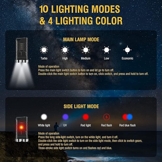 EDC Flashlight Rechargeable, 10 Modes LED Mini Keychain Flashlights High Lumens, 900 Lumens Pocket Flash Light with UV Red Blue Side Light, Waterproof Small Flashlights for Camping Hiking Emergencies