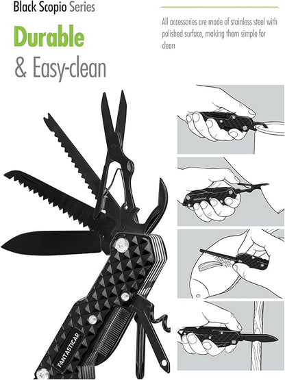FantastiCAR 15 in 1 Multi-Tool, EDC Folding Pocket Knife with Premium Gift Box for Camping, Fishing, Hunting, Survival, Outdoor (Black)