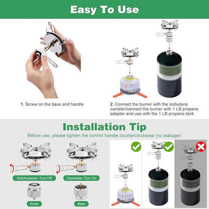 WADEO Portable Camping Stove Burner, Backpacking Stove with 1LB Propane Tank Adapter, Fuel Can Canister Stand and Carry Case, Portable Collapsible Propane Camping Burner for Outdoor Cooking