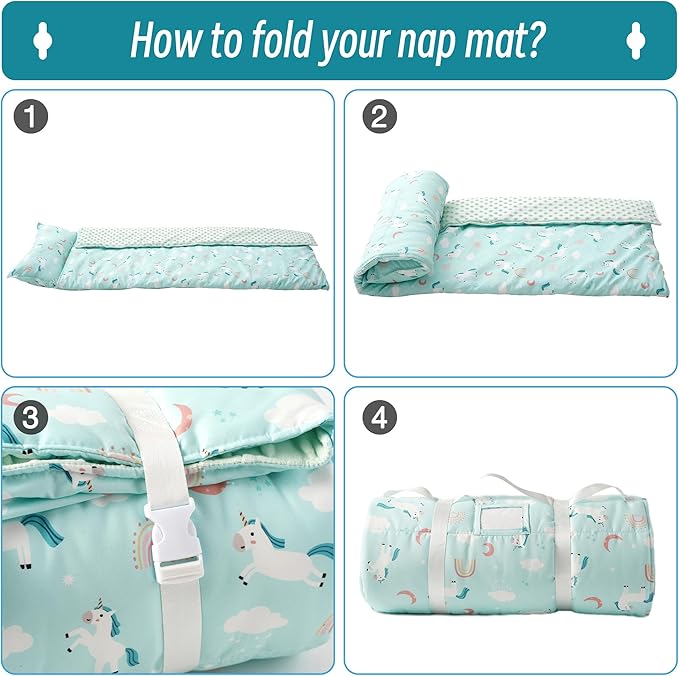 Bunnikins & Clover Toddler Nap Mat with Removable Pillow, Nap Mats for Preschool, Easy Clean Toddler Nap Pad for Kindergarten, Kids Sleeping Bag for Travel Camping