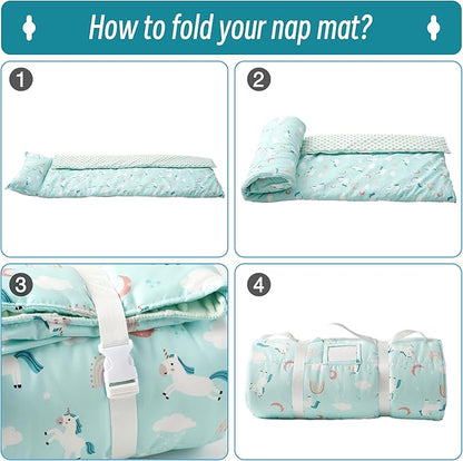 Bunnikins & Clover Toddler Nap Mat with Removable Pillow, Nap Mats for Preschool, Easy Clean Toddler Nap Pad for Kindergarten, Kids Sleeping Bag for Travel Camping