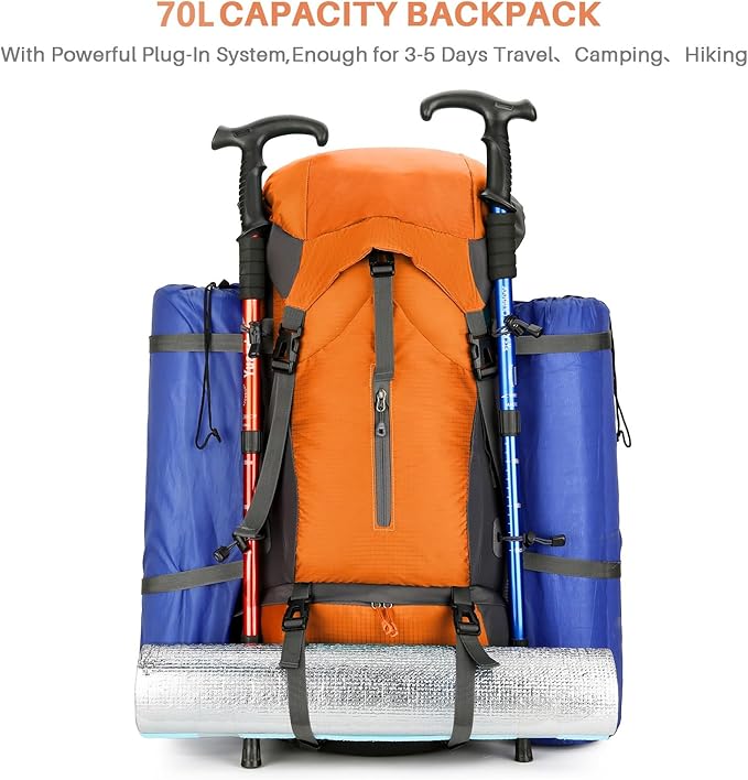 OKYUK 70L Hiking Backpack, Camping Hiking Back Pack, Water Resistant Lightweight Mountain Climbing Bag, Outdoor Camping Sport Daypack with Rain Cover, for Travel, Touring, Cycling (Orange, 70L)