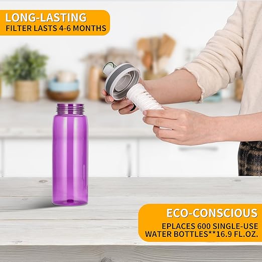 Filtered Water Bottle,Camping Water Purifier Bottle,Portable Press Water Bottle with Filter for Hiking,Travel,Survival,Backpacking, Drinking, Emergency -Pink
