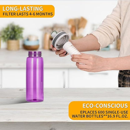 Filtered Water Bottle,Camping Water Purifier Bottle,Portable Press Water Bottle with Filter for Hiking,Travel,Survival,Backpacking, Drinking, Emergency -Pink