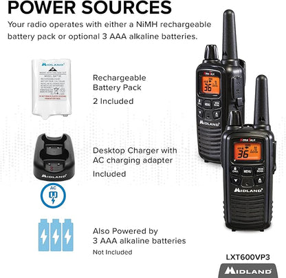 Midland - LXT600VP3 - Handheld Portable FRS Business Overlanding Gear Two Way Radio - Long Range Rechargeable Walkie Talkies for Adults - 121 Privacy Codes, Weather Radio - Black (2 Pack)