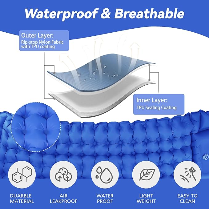 Sleeping Pad for Camping - Ultralight Camping Mattress with Pillow, Built-in Foot Pump, Compact Self-Inflatable Portable Camping Mat for Backpacking, Hiking, Car Traveling, Beach, Tent