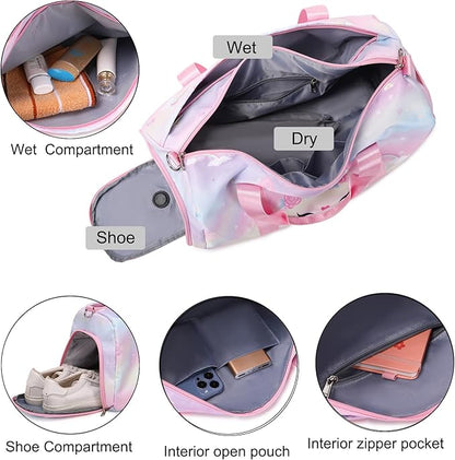 Unicorn Dance Bag for Girls Travel Duffel Bags Girls Sports Gym Bag Overnight Ballet Dance Bag with Shoe Compartment and Wet Compartment（Pink）