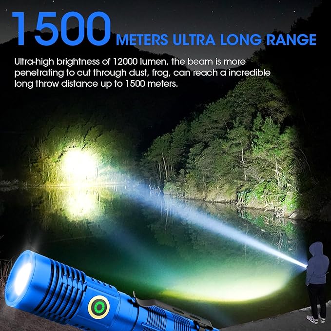 Rechargeable Flashlight High Lumens, 12000 High Lumens Super Bright Flash Light, 1500 Meter Long-Range Zoomable LED Flashlights for Emergency, EDC, Searching, Waterproof Flashlight Dimmable Blue Pcs