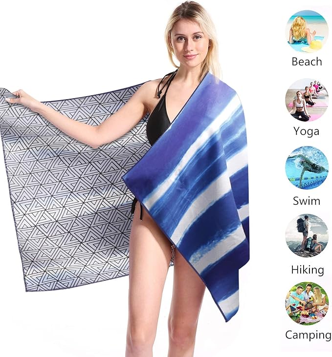 Microfiber Pool Sandproof Beach Towel Blanket - Quick Fast Dry Sand Free Proof Compact Outdoor Camping Travel Swim Micro Fiber Thin Yoga Mat Personalized Gift for Women Man Adult Blue Tie Dye Stripe