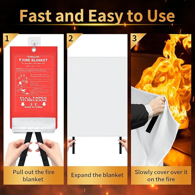 Emergency Fire Blanket, 3Pack Fire Blanket for Home and Kitchen, Fiberglass Fire Extinguisher Blanket, Suppression Flame Retardant Blanket Fire Safety Blanket for Fireplace (3 Pack)