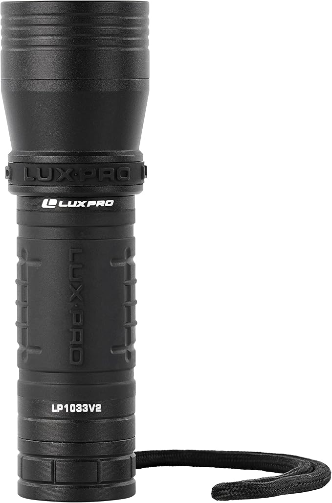 LUXPRO Zoom Focus 390 Lumen LED Handheld Flashlight - Features Patented TackGrip and Aircraft-Grade Aluminum - Pocket-Sized Camping Accessories with Wrist Lanyard - Batteries Included