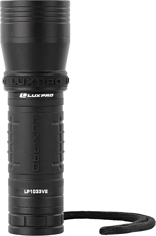 LUXPRO Zoom Focus 390 Lumen LED Handheld Flashlight - Features Patented TackGrip and Aircraft-Grade Aluminum - Pocket-Sized Camping Accessories with Wrist Lanyard - Batteries Included