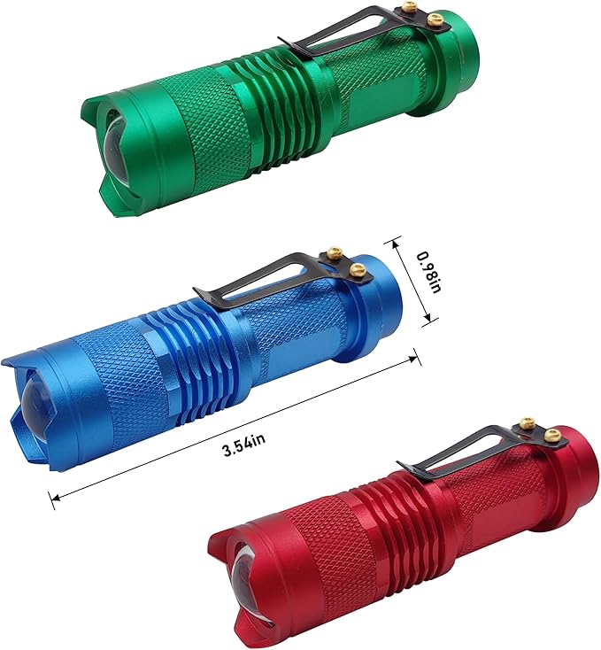 3 Pack LED Flashlight, Single Mode Red Green Blue Flashlight - Portable Mini Light Zoomable Flashlight for Fishing Outdoor Camping Hunting Emergency Lighting
