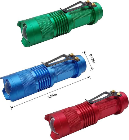 3 Pack LED Flashlight, Single Mode Red Green Blue Flashlight - Portable Mini Light Zoomable Flashlight for Fishing Outdoor Camping Hunting Emergency Lighting