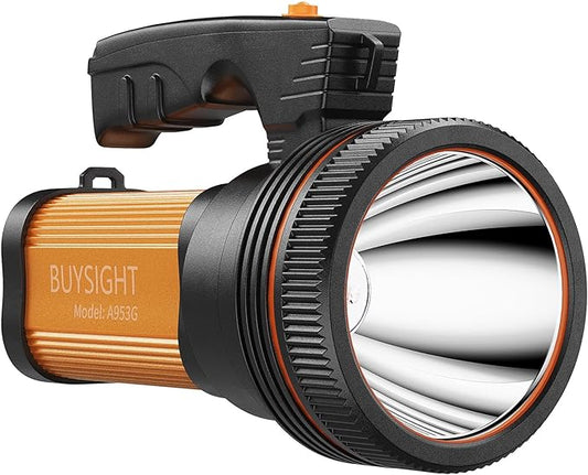 BUYSIGHT Rechargeable Spotlight Flashlight 120000 Lumens Handheld Spot Light LED Flashlight with Handl Ultra-Long Standby Electric Torch with USB Output （Classic Gold）