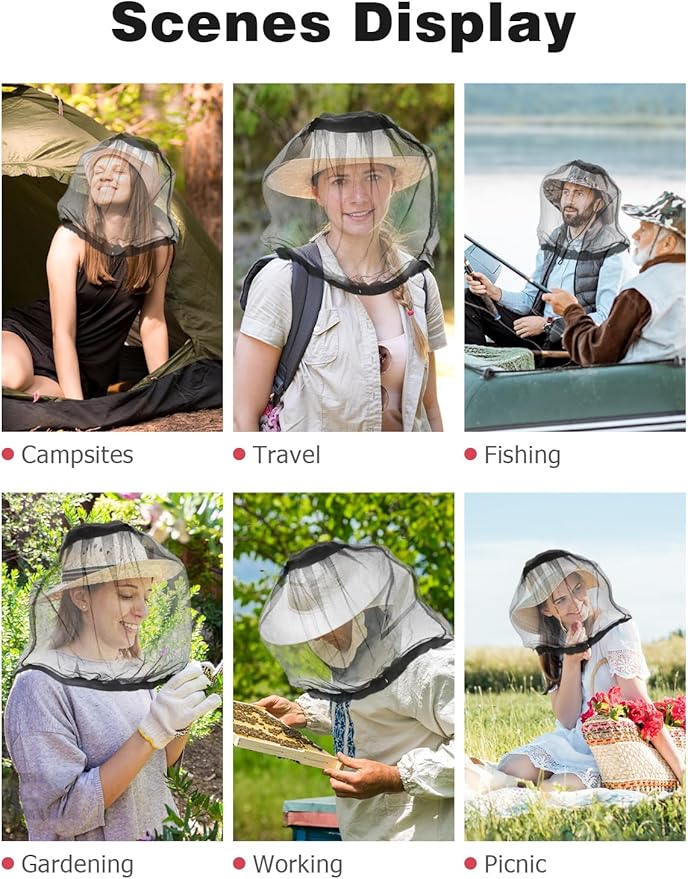 Mosquito Net Hat, 2-pack Mosquito Head Net Mesh for Outdoors Bug Net for Head Hiking Hats with Netting for Men Women