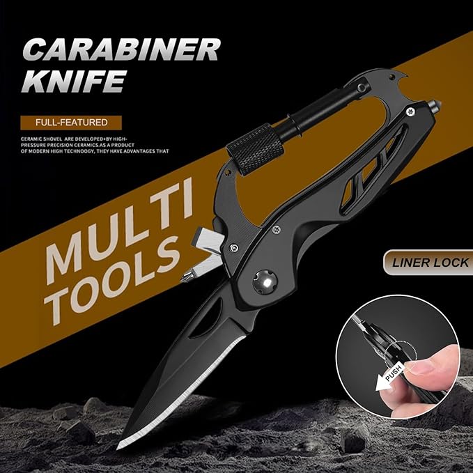 Multitool Carabiner with Pocket Knife for Men, EDC Carabiners Keychain with Folding Knives, Bottle Opener, Window Breaker and Screwdriver, Survival Gear/Gadget for Camping Hiking