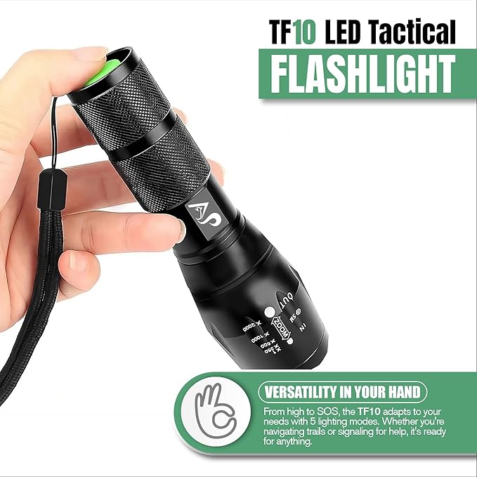 A&P Tactical Flashlight - High Lumens Flash Light, Flashlights for Emergencies, camping lights & lanterns, 5 Modes, Waterproof, Super Bright, Focus, Shock Resistant, Portable, Hiking, Outdoor Activity