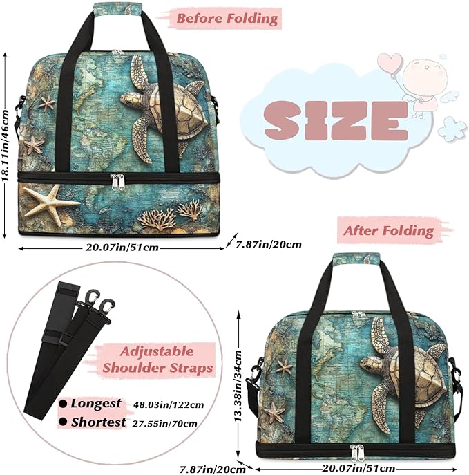 Foldable Travel Duffel Bag, Expandable Weekender Overnight Carry on Bags with Shoe Compartment Sport Tote Gym Luggage for Women Men, Turtle
