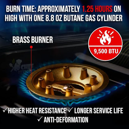 Jo Chef Butane Camping Stove - 9,500 BTU Portable Gas Stove - Ideal for Camping/Road Trips, Outdoor camp Stove Includes Windshield, CSA Certified, Brass Burner Fast Heat Up Time