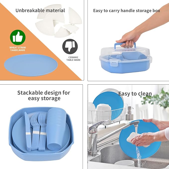 Wheat Straw Dinnerware Sets for 6, 31 Piece Unbreakable Outdoor Cutlery Set. Reusable plates and cups set for camping, picnics, RV trips, and party grills. (Blue)