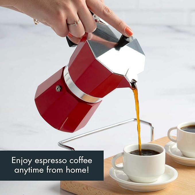 Primula Classic Stovetop Espresso and Coffee Maker, Moka Pot for Italian and Cuban Café Brewing, Greca Coffee Maker, Cafeteras, 6 Espresso Cups, Red