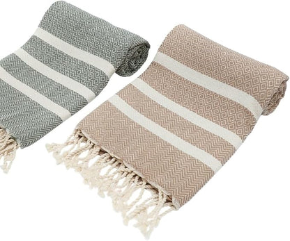 2 Set Oversized Turkish Bath Towel Sheets for Adults XXL Bathroom Extra Large Luxury Cotton Pool Peshtemal Washable Good Texture, Absorbency, Softness (Caramel Beige and Khaki Green)