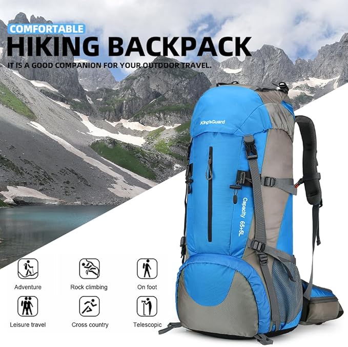 70L Camping Hiking Backpack with Rain Cover Waterproof Backpacking Backpack for Hiking Treeking Climbing Outdoor (Blue)