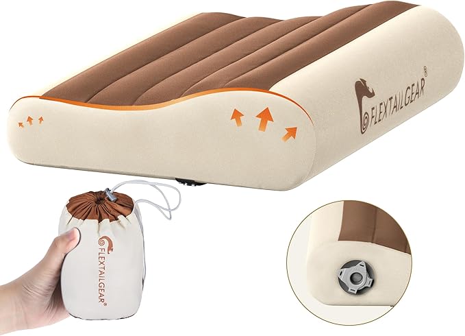 FLEXTAILGEAR Neck Contour Inflatable Camping Pillow, Ergonomic Travel Pillow Backpacking Gear with Removable Cover Separate TPU Bladder for Camp, Hiking, Airplane, Road Trip, Office(Brown)