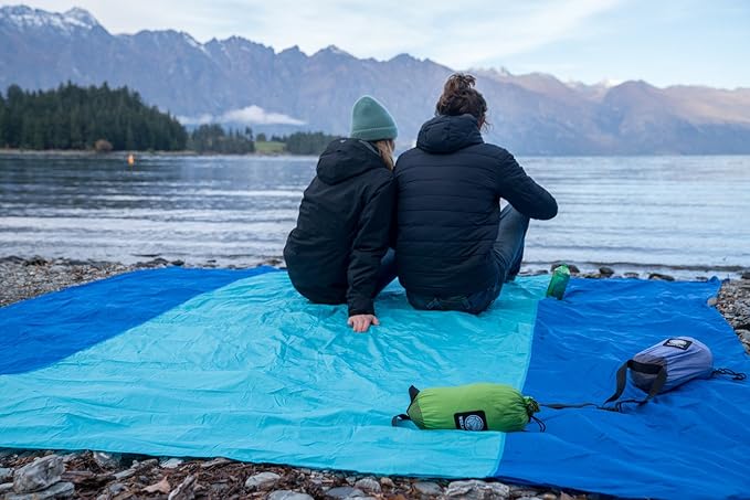 WEKAPO Beach Blanket Sandproof, Extra Large Beach Mat, Big & Compact Sand Free Mat Quick Drying, Lightweight & Durable with 6 Stakes & 4 Corner Pockets