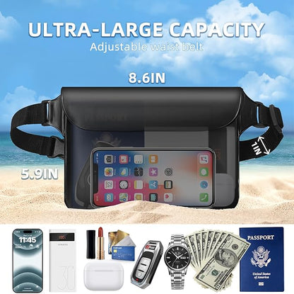 Waterproof Fanny Pack 2 Pack 8.9" Waterproof Pouch for Phone Passport Wallet Purse with Adjustable Waist Strap Kayak Accessories for Travel Beach Cruise Travel Essentials Accessories