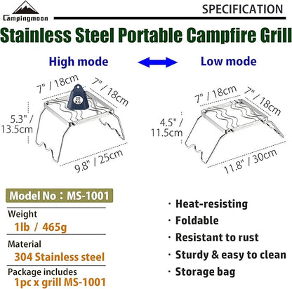 CAMPINGMOON Portable Folding Camping Campfire Grill over Fire Split Stoves 304 Stainless Steel (7’’L (MS-1001))
