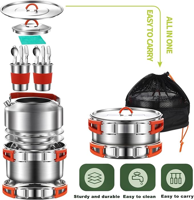 Camping Cooking Set,Camping Cookware Mess Kit,304 Stainless Steel Camping Pot and Pan Set with Kettle Cups Plates Forks Knives Spoons for Camping, Picnic, RVs for 2 People