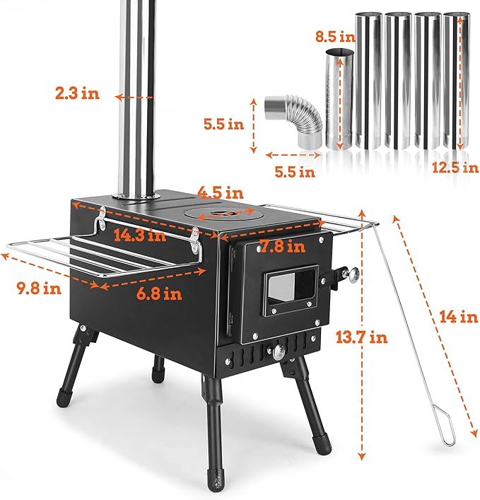 Outdoor Camping Stove, Portable Wood Burning Stove with Chimney Pipe for Tent, Shelter, Heating and Cooking (Pipe Diameter: 2.36")