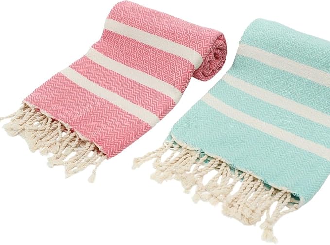 2 Oversize Cotton Travel Towel Pack Quick Dry Beach Camping Pool Hiking Compact Portable Lightweight Absorbent Breathable Keep Warm Airplane Blanket (Mint Green and Candy Pink)