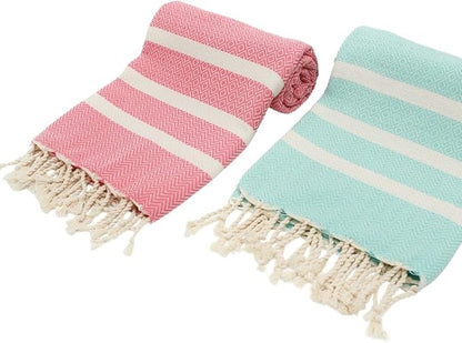 2 Oversize Cotton Travel Towel Pack Quick Dry Beach Camping Pool Hiking Compact Portable Lightweight Absorbent Breathable Keep Warm Airplane Blanket (Mint Green and Candy Pink)
