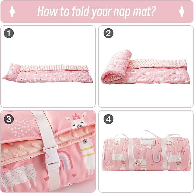 Bunnikins & Clover Toddler Nap Mat with Removable Pillow, Nap Mats for Preschool, Easy Clean Toddler Nap Pad for Kindergarten, Kids Sleeping Bag for Travel Camping