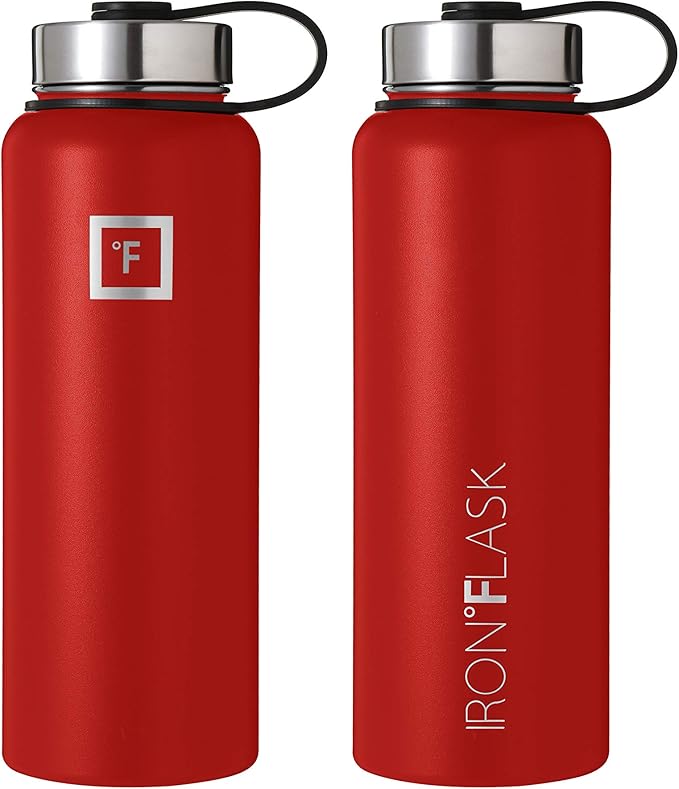 IRON °FLASK Camping & Hiking Hydration Flask, Wide Mouth, 3 Straw Lids, Stainless Steel Outdoor Water Bottle, Double Walled, Insulated Thermos, Metal Canteen - Fire Red, 40 Oz