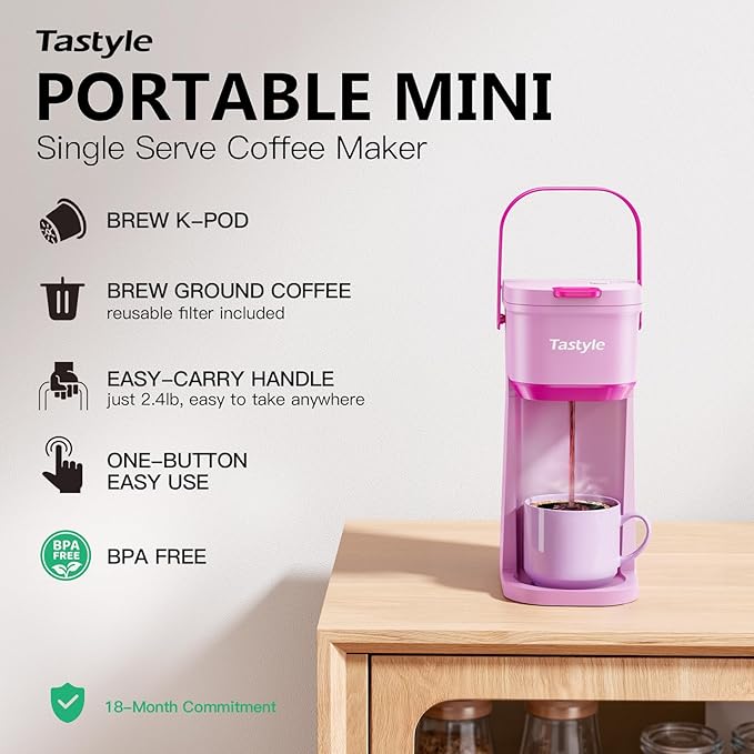 Single Serve One Cup Coffee Maker, for K Cups and Grounds, Mini Coffee Maker with Portable Handle, 6 to 12 Oz Brew Size, for Travel, Camping, Office, RV and Dorm, 120V, Dusty Rosa