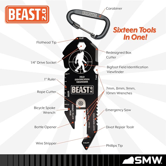 BEAST (Bigfoot Expedition and Survival Tool) Multi-Tool & Bottle Opener, Bigfoot gift for fans of Sasquatch, Yeti, Camping, Hiking - With Screwdriver, Wrench, Carabiner, Box Opener (BEAST 2.0 & BRUTE)