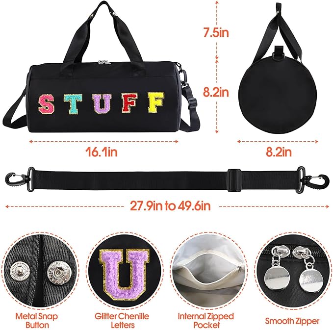 Chenille Letter Stuff Tote Bag 16 Inch, Small Gym Duffle Bag for Travel Dance Sports Workout Camping, Carry On Cheer Ballet Overnight Weekender Bags Birthday Gifts for Girls Kids Teens Women - Black