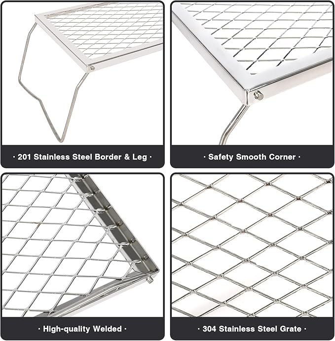 REDCAMP Folding Stainless Campfire Grill Heavy Duty Steel Grate, Portable Camp Fire Cooking Racks for Over Fire Pit