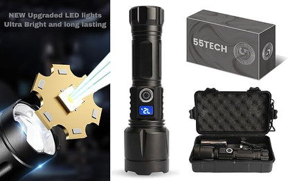 Super Bright LED Flashlight Handheld Tactical for Home Office car Camping Fishing Outdoor Emergency use, Water Resistance, zoomable 24 Hours Battery Life, Storage case 5 Mode. Power Display
