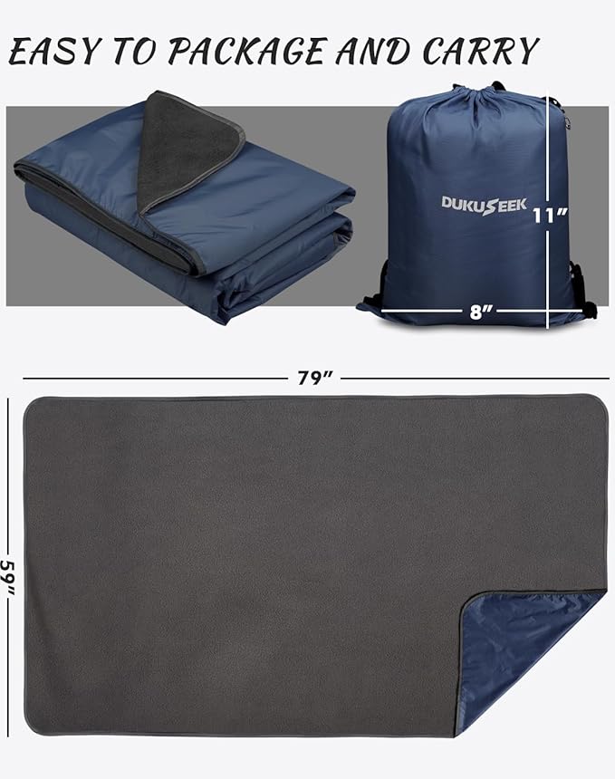 DUKUSEEK Large Waterproof Stadium Blanket for Cold Weather, Soft Warm Fleece Camping Blanket Windproof for Outdoor Sporting Events, Football Games,Navy Blue,79"x 59"