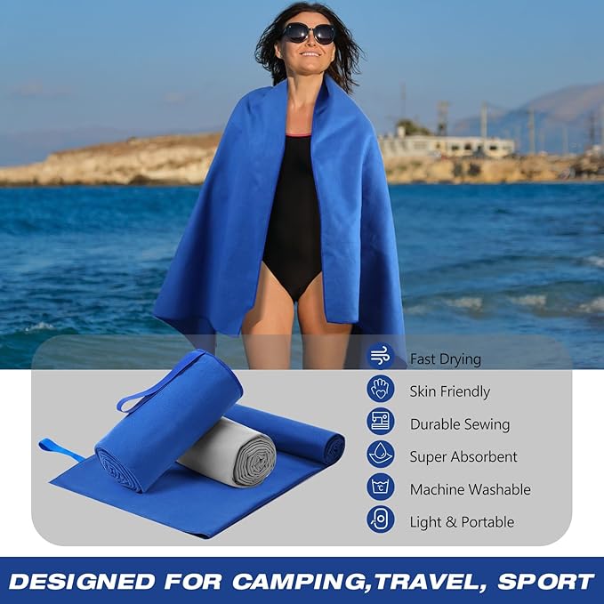 2 Pack Microfiber Beach Towel Large Travel Towel 60 x 30 Inch Quick Dry Swimming Towel Absorbent Ultra Compact Lightweight Camping Towel for Gym, Hiking, Pool, Yoga