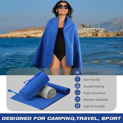 2 Pack Microfiber Beach Towel Large Travel Towel 60 x 30 Inch Quick Dry Swimming Towel Absorbent Ultra Compact Lightweight Camping Towel for Gym, Hiking, Pool, Yoga