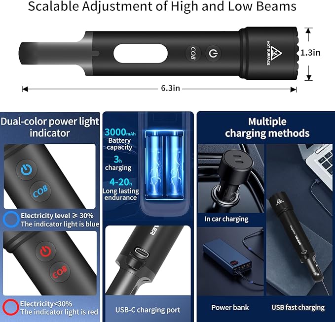LED Flashlight Rechargeable, High Lumens Small Tactical Flash Light with COB Sidelight & Hook, Powerful Zoomable Handheld Flashlights for Camping, Dog Walking, Hiking, Emergencies, Home